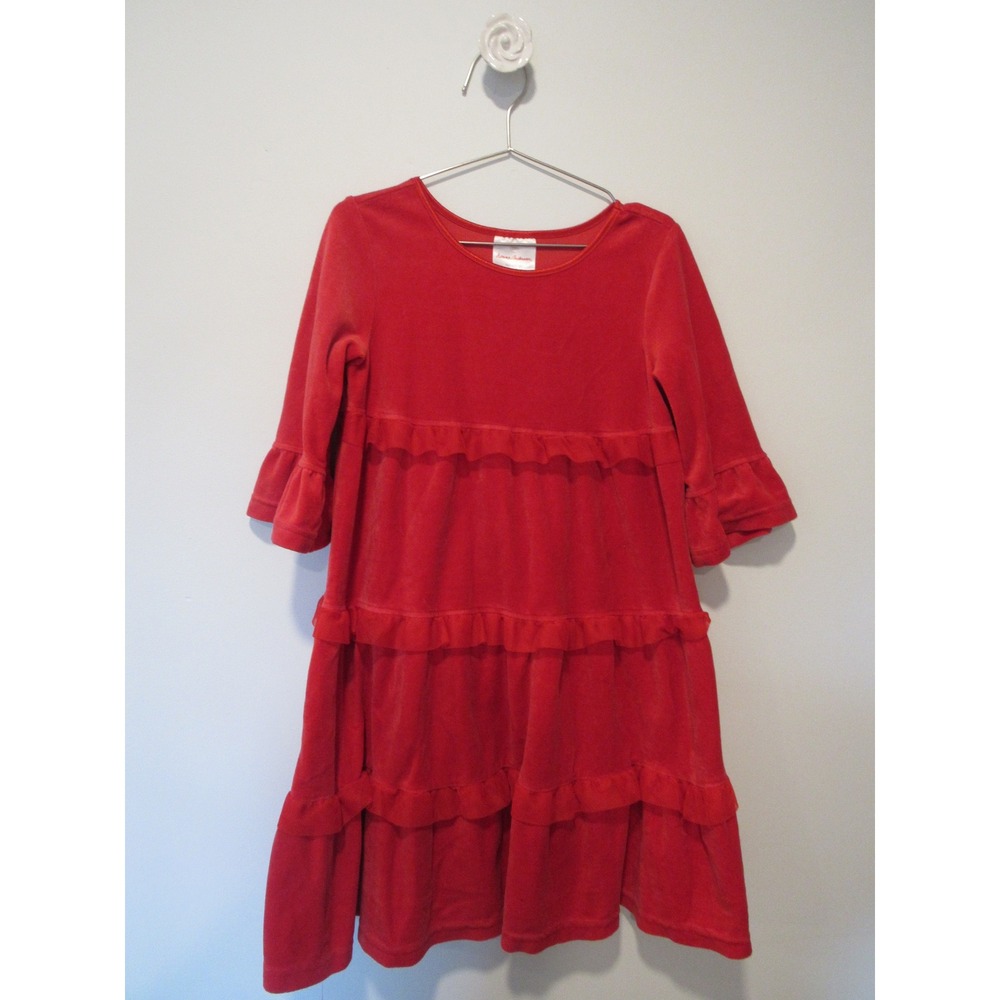 Hanna Andersson Girls Red Velour Tiered Ruffle Dress Size 120 Kids 6 7